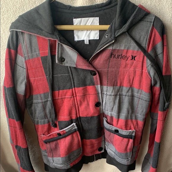 Hurley Red and Gray Checkered Hoodie - Picture 1 of 12